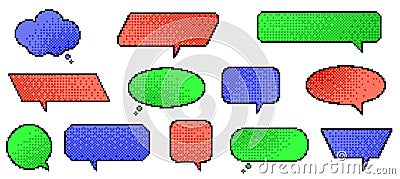 Color pixel speech bubble. Retro video game graphic, text boxes, message balloons, phrase frames, 8 bit design elements Vector Illustration