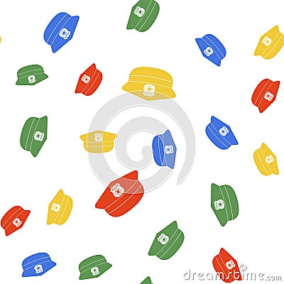 Color Police cap with cockade icon isolated seamless pattern on white background. Police hat sign. Vector Vector Illustration