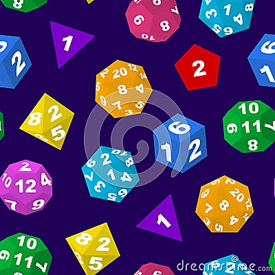 Color Polyhedron Dice with Numbers Seamless Pattern Background. Vector Vector Illustration