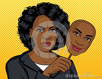 Color pop art style illustration. African American girl with a fake face. Dark skinned girl holds a mask with an artificial Cartoon Illustration