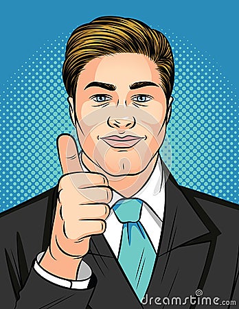 Color pop art style illustration of a man showing a like sign. Young attractive businessman holds thumb up Cartoon Illustration