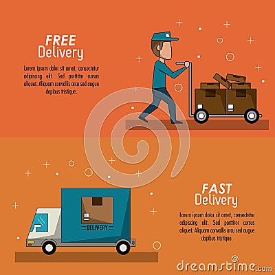 Color poster banner scene fast delivery man with hand truck packages and truck Vector Illustration