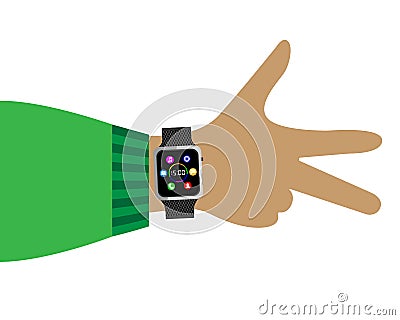 Color poster with the image of a smart watch on the hand of a teenager. Hand with spread fingers. Vector illustration Cartoon Illustration