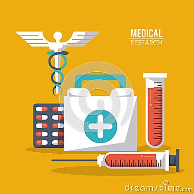 Color poster medical research with caduceus symbol and test tube and syringe pills and first aid kit Vector Illustration