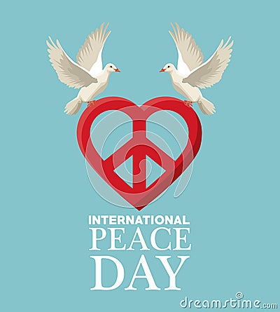 Color poster pair pigeons flying with heart shape peace and love symbol Vector Illustration