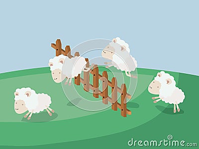 Color poster scene landscape of sleep time with sheeps jump wooden fence Vector Illustration