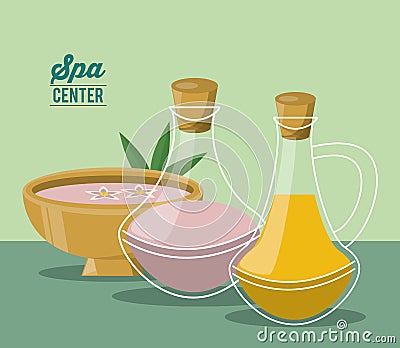 Color poster of spa center with bowl and set of essences bottles Vector Illustration