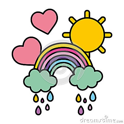 Color rainbow clouds raining with hearts and sun Vector Illustration