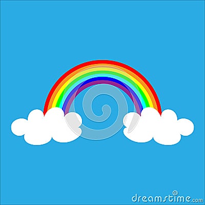 Color Rainbow With white Clouds, Vector Illustration on blue background Stock Photo