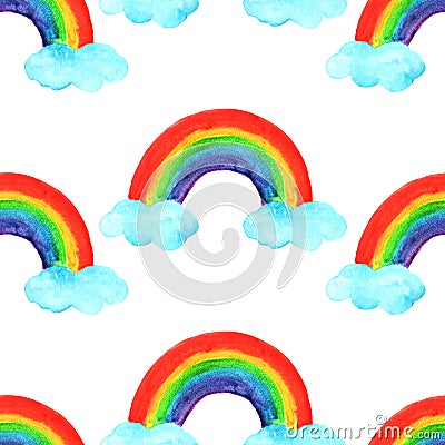 Color rainbow in watercolor, child`s drawing on a white background, seamless pattern Stock Photo