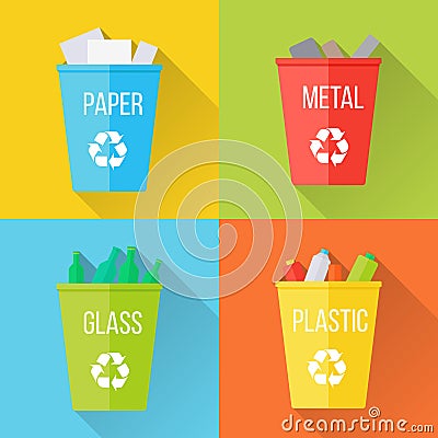Color Recycle Garbage Bins with Glass Vector Illustration