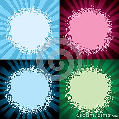 Color round musical frames on light backgrounds - vector decorations with light beams Vector Illustration