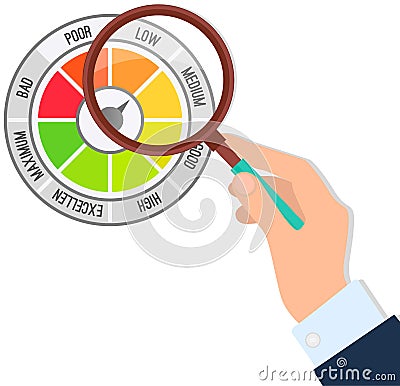 Color scale with arrow from red to green and caliber of emotions. Loupe and measuring device icon Vector Illustration