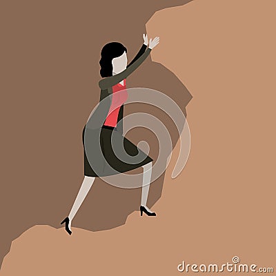 Color scene rock landscape with businesswoman trying to climb a stone Vector Illustration