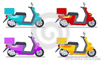 Color scooters set. Motorbike delivery vehicles. Detailed motorcycling transport isolated vector set Vector Illustration