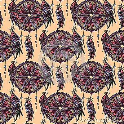 Color seamless pattern dream catcher with feathers Vector Illustration