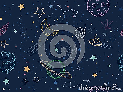Color seamless space pattern. Hand drawn planets, cosmic galaxy texture and doodle moon vector illustration. Universe Vector Illustration