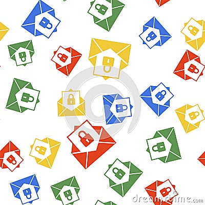 Color Secure mail icon isolated seamless pattern on white background. Mailing envelope locked with padlock. Vector Vector Illustration