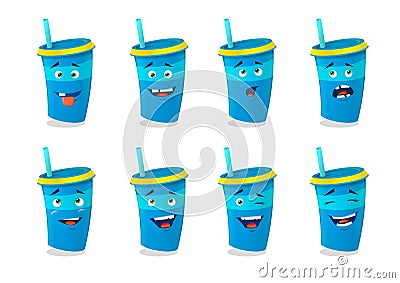 Set of blue cartoon paper cups with different emotions Stock Photo