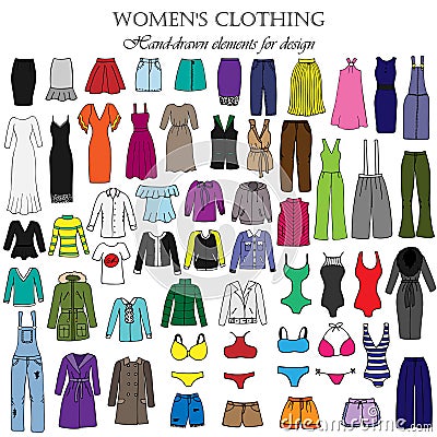 Color set of hand-drawn women`s clothing. Vector Illustration