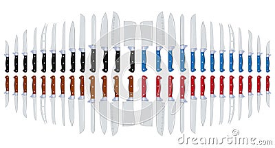 Color Set of Kitchen Knives. Colorful Cutlery. Cutting Kitchenware Knives Set. Vector Illustration