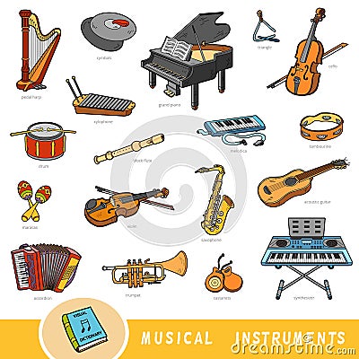 Color set of musical instruments, collection of vector items with names in English. Cartoon visual dictionary Vector Illustration