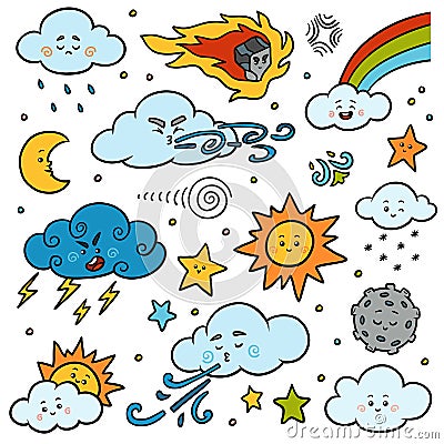 Color set of nature objects. Vector cartoon collection of weather icons Vector Illustration