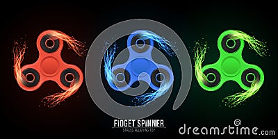 Color set of realistic plastic spinners on fire. Fiery speed. Stress relieving toy. Modern toy for fingers. Vector Cartoon Illustration