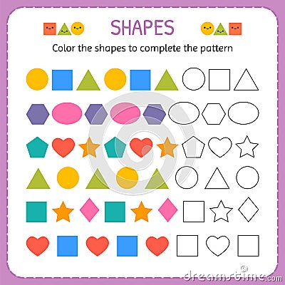 Color the shapes to complete the pattern. Learn shapes and geometric figures. Preschool or kindergarten worksheet Vector Illustration