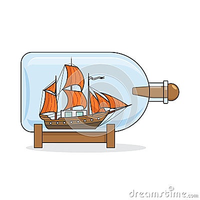 Color ship with orange sails in the bottle. Souvenir with sailboat for trip, tourism, travel agency, hotels, vacation card Vector Illustration