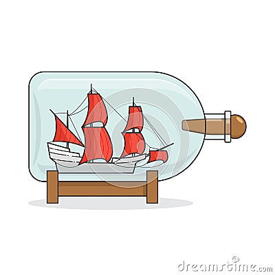 Color ship with red sails in the bottle. Souvenir with sailboat for trip, tourism, travel agency, hotels, vacation card Vector Illustration