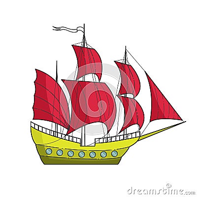 Color ship with red sails isolated on white background for trip, tourism, travel agency, hotels, vacation card. Vector Illustration