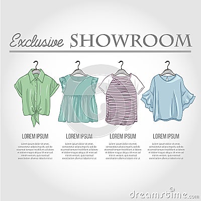 Color showroom set of woman casual clothes Vector Illustration