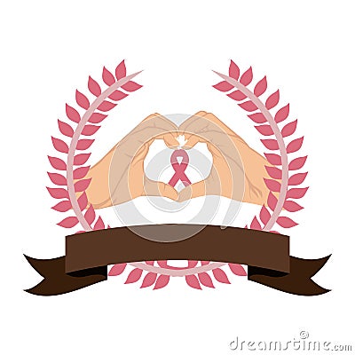 color silhouette with hands pink in shape of heart in symbol support breast cancer with olive crown and ribbon Cartoon Illustration