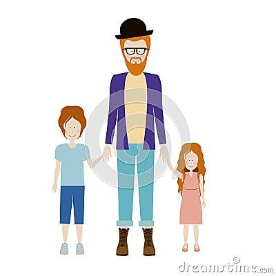 color silhouette with kids and dad with beard and glasses and hat and redhead Cartoon Illustration