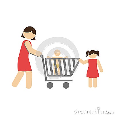 Color silhouette with mom and kids and shopping cart Vector Illustration