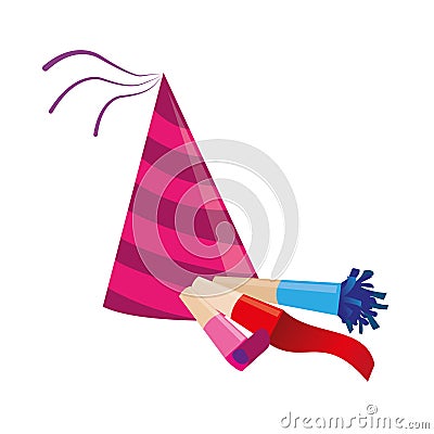 Color silhouette with party hat and party blower Vector Illustration