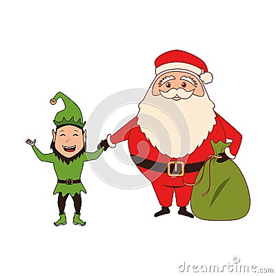 Color silhouette with santa claus with bag of gifts and elf Vector Illustration