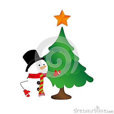 Color silhouette with snowman and christmas tree Vector Illustration