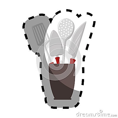 Color silhouette sticker with cutlery in recipient Vector Illustration