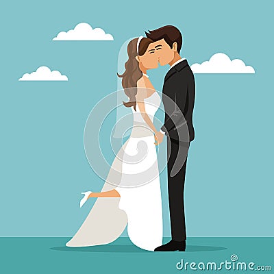 Color sky landscape background with newly married couple kissing Vector Illustration