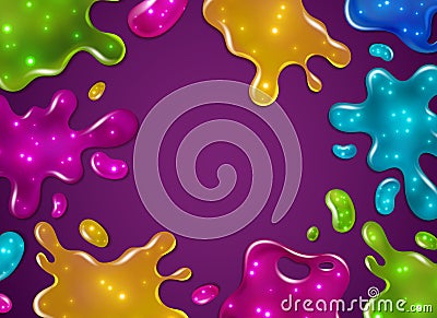 Color slime background. Glossy sticky yellow, purple, green and blue slime blots splashes with glitter. Girly dripping Vector Illustration