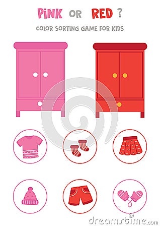 Color sorting game for preschool kids. Pink or red Vector Illustration