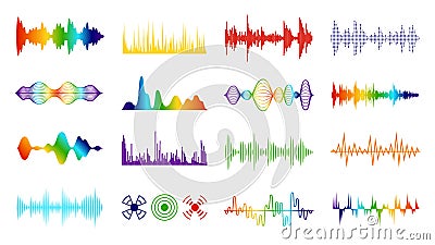 Color sound waves. Audio digital melody wave tracking meter on white background in equalizer symbol vector set Vector Illustration