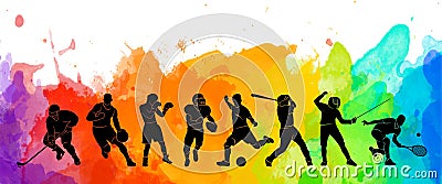 Color sport background. Football, soccer, basketball, hockey, box, tennis, baseball. Vector illustration colorful people silhouett Vector Illustration