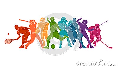 Color sport background. Football, soccer, basketball, hockey, box, tennis, baseball. Vector illustration colorful people silhouett Vector Illustration