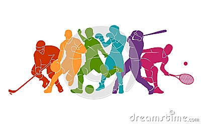 Color sport background. Football, soccer, basketball, hockey, box, tennis, baseball. Vector illustration colorful people silhouett Vector Illustration
