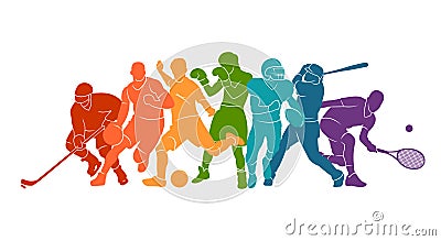 Color sport background. Football, soccer, basketball, hockey, box, tennis, baseball. Vector illustration colorful people silhouett Vector Illustration