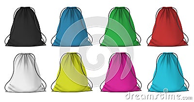 Color sport backpack mockup. Realistic cloth packs with ropes for clothes. Fabric red, blue, pink and green drawstring Vector Illustration