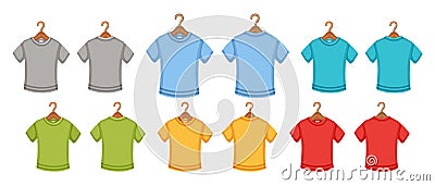 Color sport t-shirt on hanger icon set. Hanging polo shirts for man, woman, kid. Front, back view. Cotton casual clothes. Vector Vector Illustration